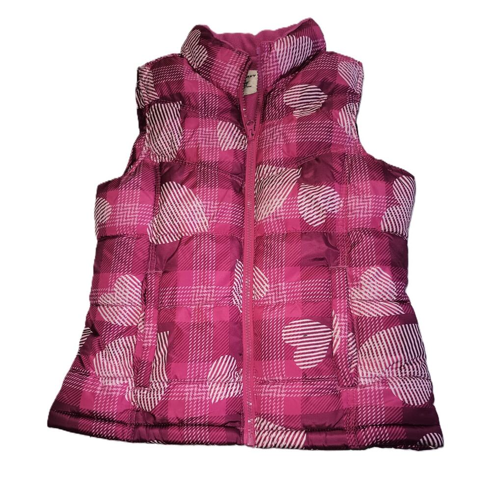 Old Navy Girl Puffer Vest Heart Pattern Pink Acrylic Warm Winter Size 10-12 G002
